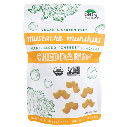 Front of Green Mustache Vegan & Gluten-Free Mustache Munchies Cheddarish, 120g