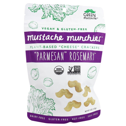 Front of Green Mustache Vegan & Gluten-Free Mustache Munchies Parmesan Rosemary, 120g