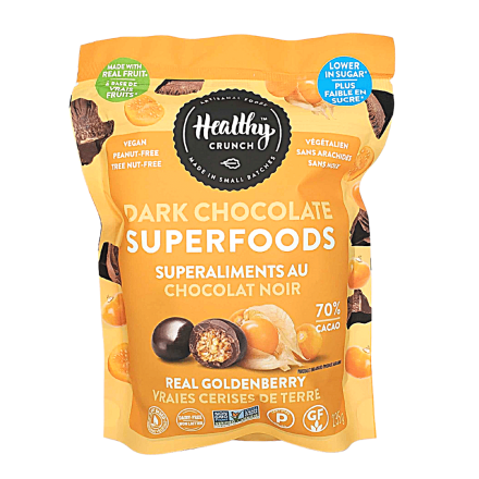 Front of Healthy Crunch Vegan Dark Chocolate Superfoods Real Goldenberry, 235g 