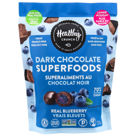 Front of Healthy Crunch Vegan Real Blueberry Dark Chocolate Superfoods, 235g