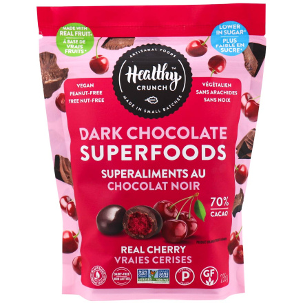 Front of Healthy Crunch Vegan Real Cherry Dark Chocolate Superfoods, 235g