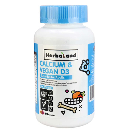 Front of Herbaland Sugar-Free Calcium & Vegan D3 Gummies for Adults, 60 Gummies