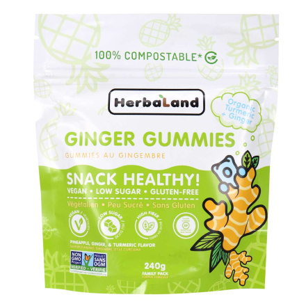Front of Herbaland Low Sugar Ginger Gummies, 240g