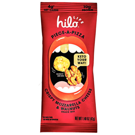 Front of Hilo Life Piece-A-Pizza Crispy Mozzarella Cheese & Walnuts Snack Mix, 42g