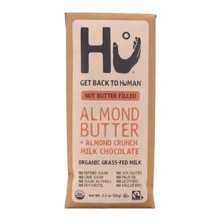 Front of Hu Kitchen Grass-Fed Milk Chocolate Nut Butter Filled Almond Butter + Almond Crunch 
