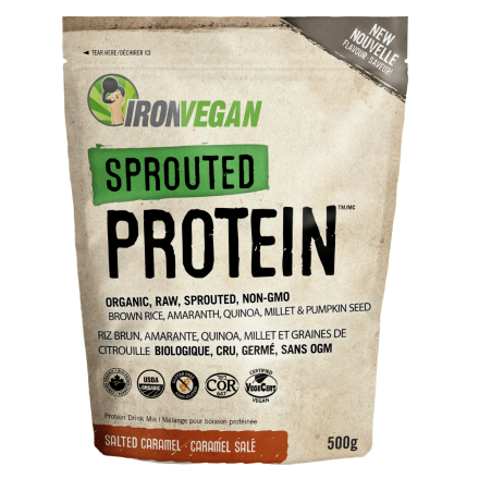 Front of Iron Vegan Sprouted Protein Drink Mix Salted Caramel, 500g