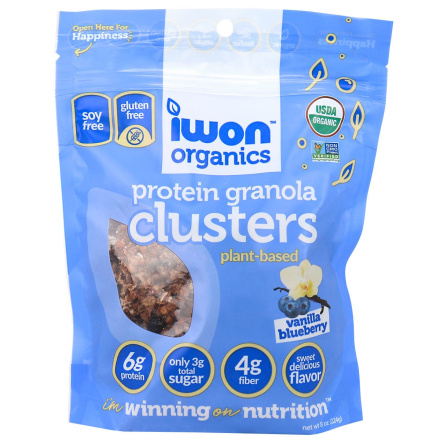 Front of IWON Organics Plant-Based Protein Granola Clusters Vanilla Blueberry, 224g