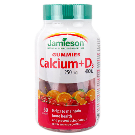 Front of Jamieson Vitamins Calcium + Vitamin D3 Gummies Cherry, Strawberry, Orange, 60 Gummies