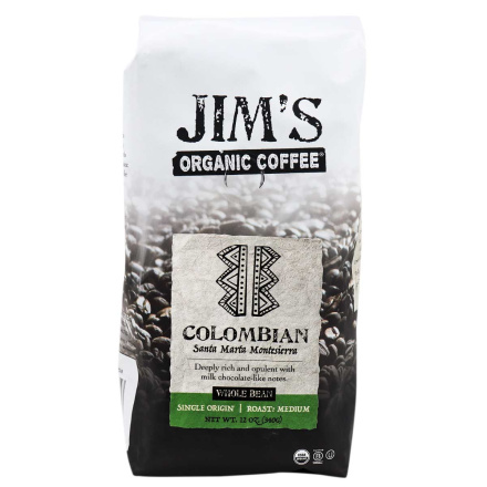 Front of Jim’s Organic Coffee Whole Bean Blend Colombian Santa Marta Montesierra, 340g