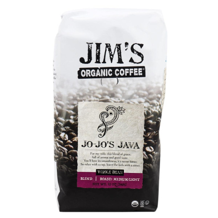 Front of Jim’s Organic Coffee Whole Bean Blend JO-JO’s Java, 340g