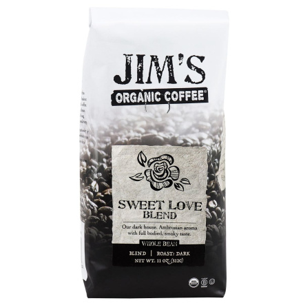 Front of Jim’s Organic Coffee Whole Bean Blend Sweet Love Blend, 312g
