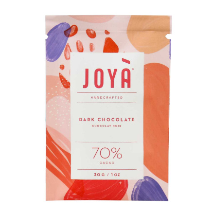 Front of JOYÀ Handcrafted 70% Cacao Dark Chocolate, 30g