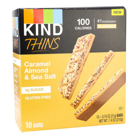 Front of Kind Thins Caramel Almond & Sea Salt, 10 bars