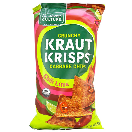 Front of Farmhouse Crunchy Kraut Krisps Chili Lime Chips, 142g