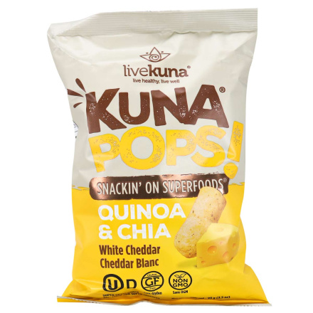 Front of LiveKuna Kuna Pops Quinoa & Chia White Cheddar, 99g