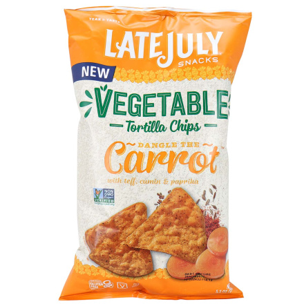 Front of Late July Vegetable Tortilla Chips Dangle The Carrot, 156g