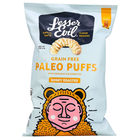 Front of Lesser Evil Organic Grain Free Paleo Puffs Honey Roasted, 140g