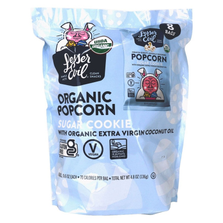 Front of Lesser Evil Organic Popcorn With Coconut Oil Sugar Cookie