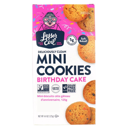 Front of Lesser Evil Keto Mini Cookies Birthday Cake, 125g