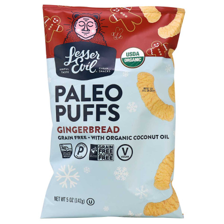 Front of Lesser Evil Grain-Free Gingerbread Paleo Puffs, 142g