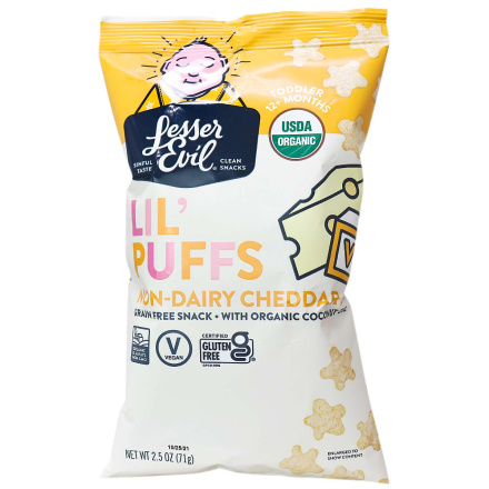 Front of Lesser Evil Lil’ Puffs Non-Dairy Cheddar Grain Free Snack, 71g
