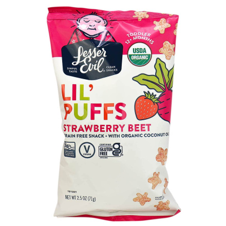 Front of Lesser Evil Lil’ Puffs Strawberry Beet Grain Free Snack, 71g