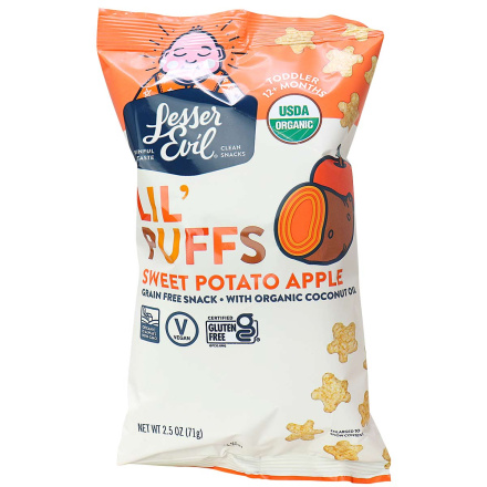 Front of Lesser Evil Lil' Puffs Sweet Potato Apple Grain Free Snack, 71g