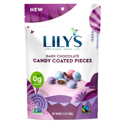 Front of Lily's No Sugar Added Dark Chocolate Candy Coated Pieces