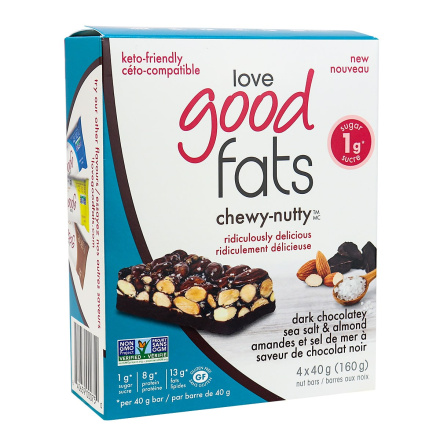 Love Good Fats Chewy-Nutty Keto Bars Dark Chocolatey Sea Salt & Almond, 4 Pack