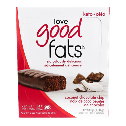 Front of Love Good Fats Keto Bars Coconut Chocolate Chip, 12 Bars