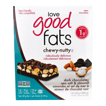 Front of Love Good Fats Chewy-Nutty Keto Bars Dark Chocolatey Sea Salt & Almond, 12 Pack