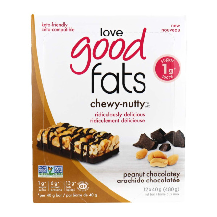 Front of Love Good Fats Chewy-Nutty Keto Bars Peanut Chocolatey, 12 Pack
