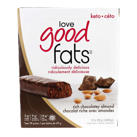 Front of Love Good Fats Keto Bars Rich Chocolatey Almond, 12 Bars