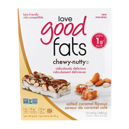 Front of Love Good Fats Chewy-Nutty Keto Bars Salted Caramel, 12 Pack