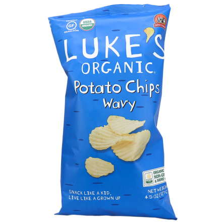Front of Luke’s Organic Potato Chips Wavy, 127g