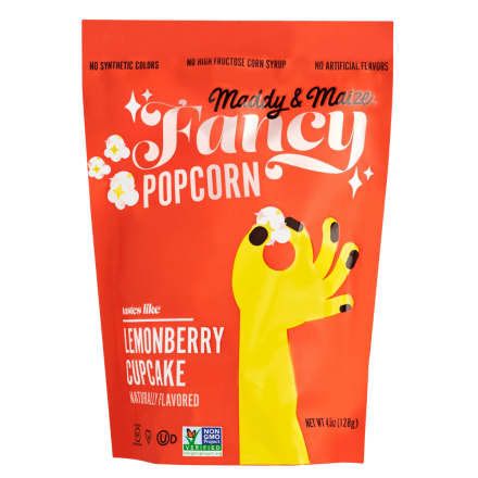 Front of Maddy & Maize Fancy Lemonberry Cupcake Popcorn, 128g