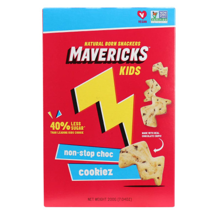 Front of Mavericks Kids 40% Less Sugar Non-Stop Choc Cookiez, 200g