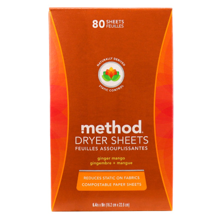 Front of Method Dryer Sheets Ginger Mango, 80 Sheets