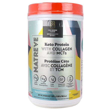 Front of Natreve Keto Protein With Collagen And MCTs Fudge Brownie Flavour, 17 Scoops, 527g