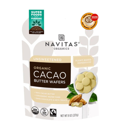 Front of Navitas Organic Unsweetened Cacao Butter Wafers