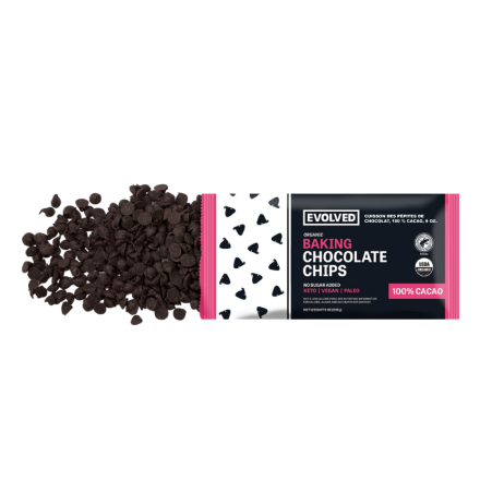 Front of EVOLVED Chocolate Baking Chocolate Chips, 100% Cacao, 9-oz.