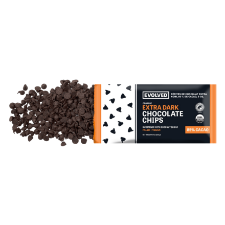 Front of EVOLVED Chocolate Extra Dark Chocolate Chips, 85% Cacao, 9-oz.