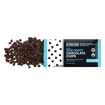 Front of EVOLVED Chocolate Semi-Sweet Chocolate Chips, 40% Cacao, 9-oz.