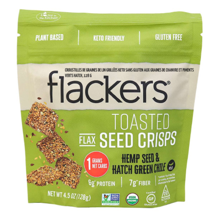 Front of Flackers Toasted Flax Seed Crisps Hemp Seed & Hatch Green Chiles