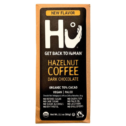 Front of Hu Kitchen Organic 70% Dark Chocolate Hazelnut Coffee, 60g