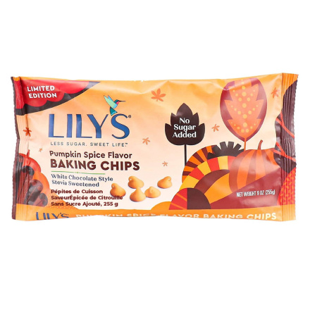 Front of Lily’s No Sugar Added Baking Chips Pumpkin Spice Flavor, 255g