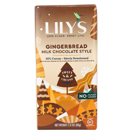 Front of Lily’s Low-Sugar Gingerbread Milk Chocolate Style Bar, 80g