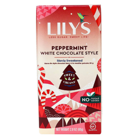Front of Lily’s Peppermint White Chocolate Style Bar, 80g