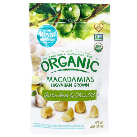 Front of Royal Hawaiian Organic Macadamias Garlic Olive Oil
