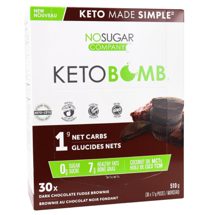 Front of No Sugar Company Keto Bomb Dark Chocolate Fudge Brownie, 30ct
